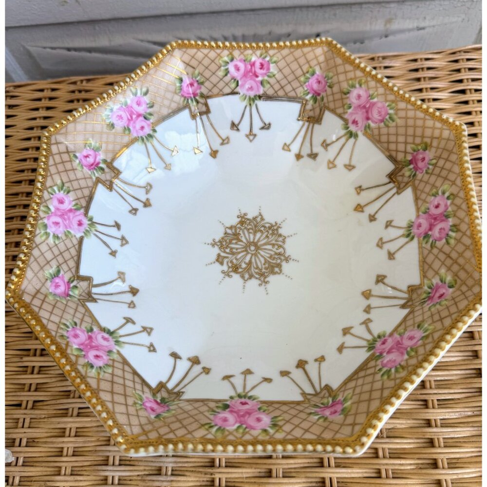 Antique 1920s Nippon Serving Bowl Hand Painted Gold Roses Floral